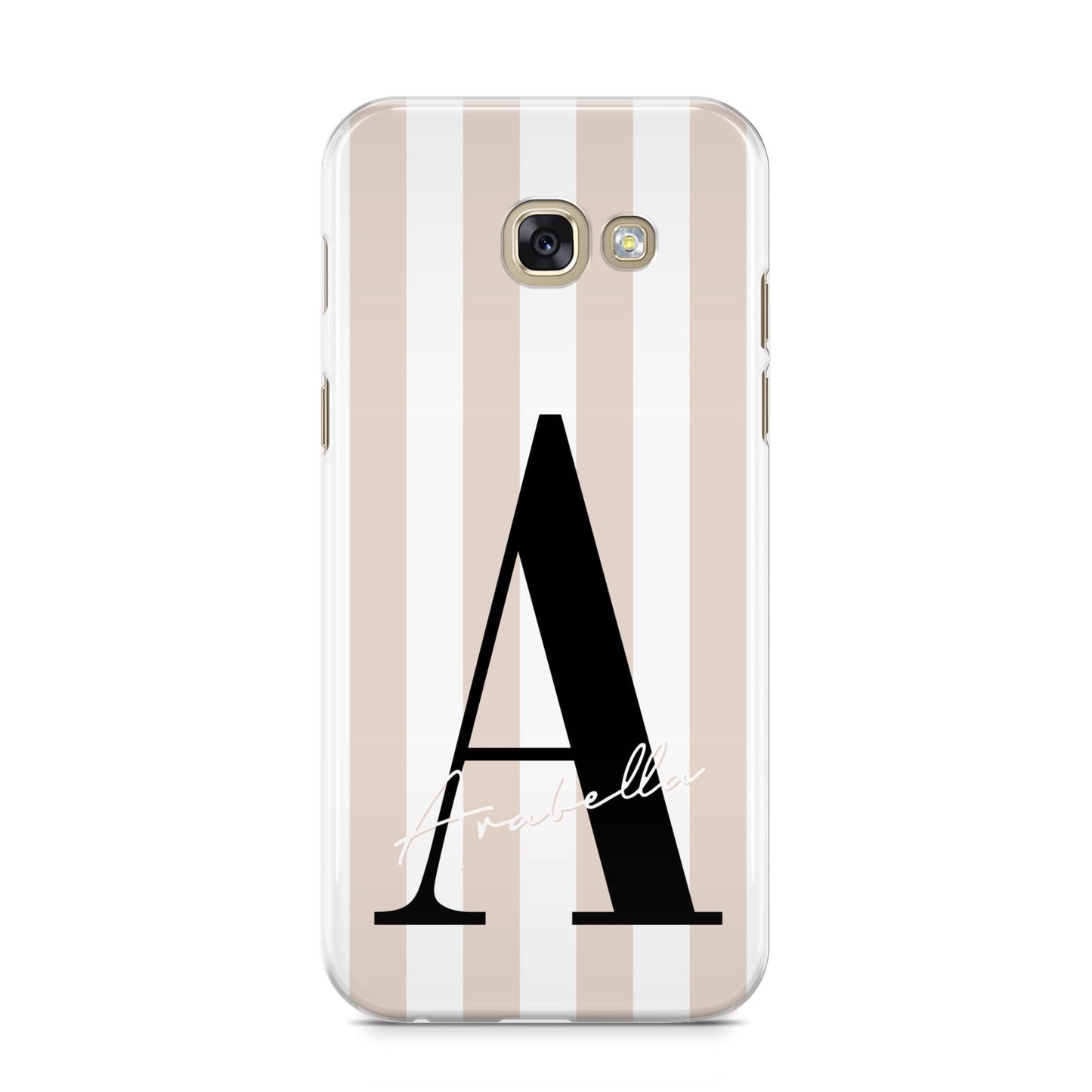 Personalised Nude Colour White Striped Samsung Galaxy A5 2017 Case on gold phone