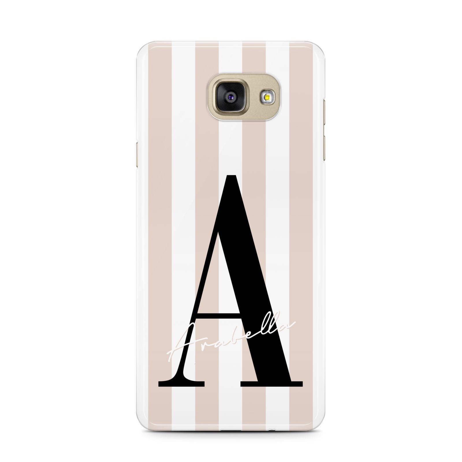 Personalised Nude Colour White Striped Samsung Galaxy A7 2016 Case on gold phone