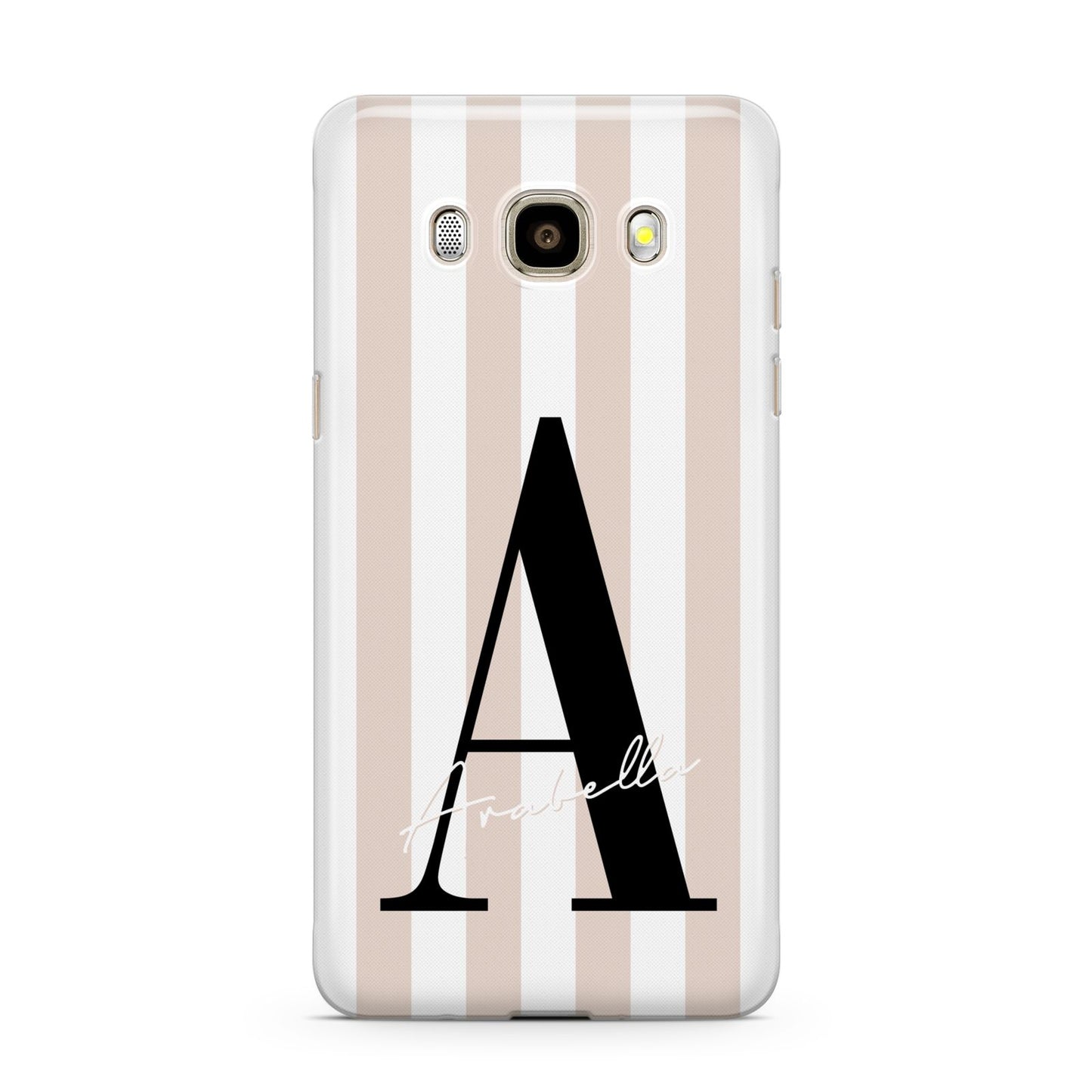 Personalised Nude Colour White Striped Samsung Galaxy J7 2016 Case on gold phone