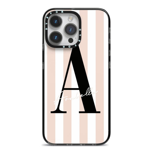 Personalised Nude Colour White Striped iPhone 14 Pro Max Black Impact Case on Silver phone