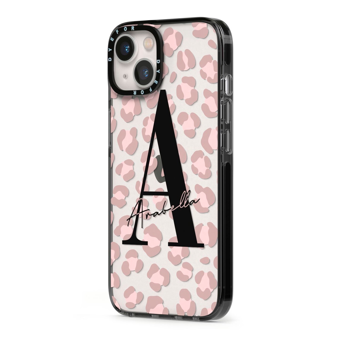 Personalised Nude Pink Leopard iPhone 13 Black Impact Case Side Angle on Silver phone