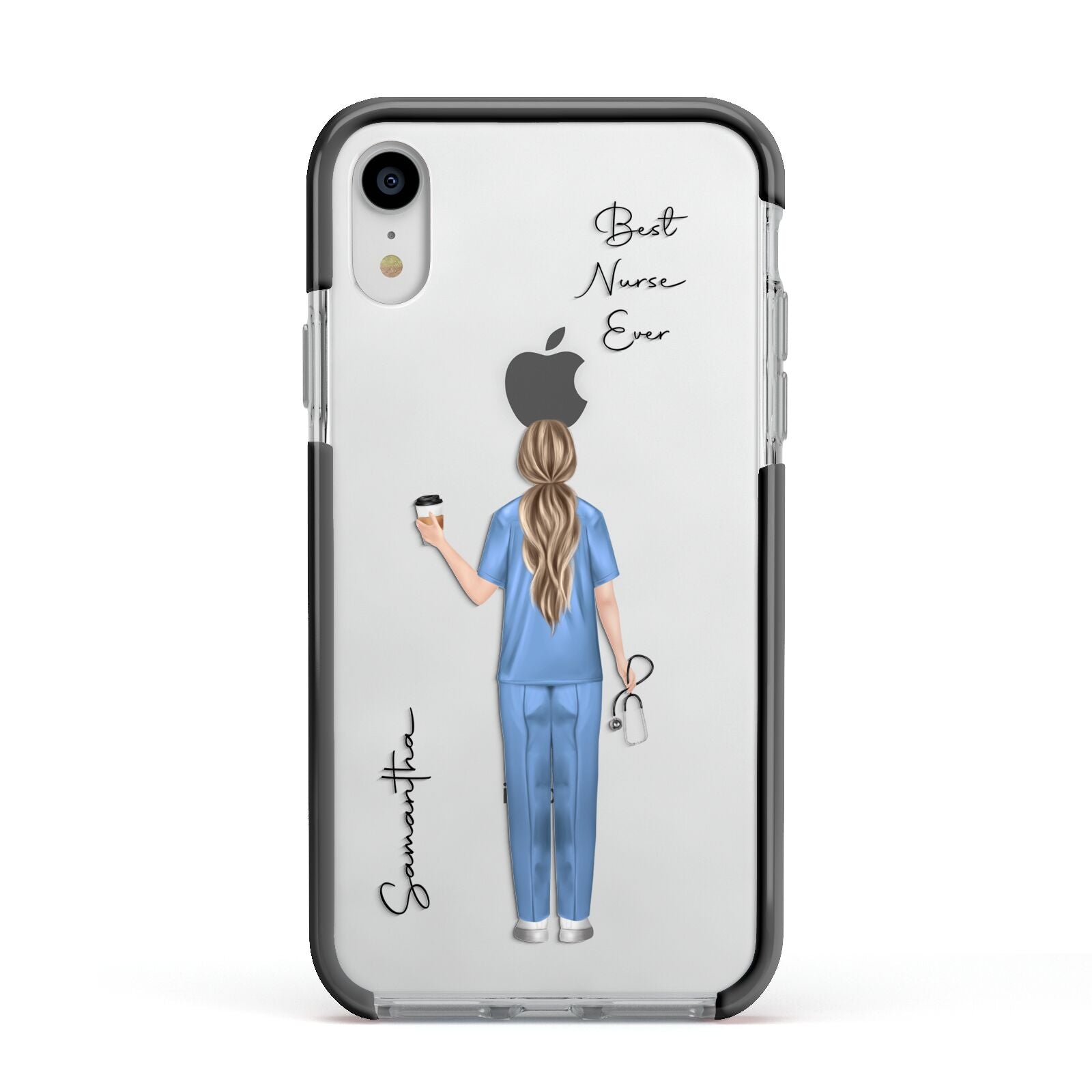 Personalised Nurse Apple iPhone XR Impact Case Black Edge on Silver Phone