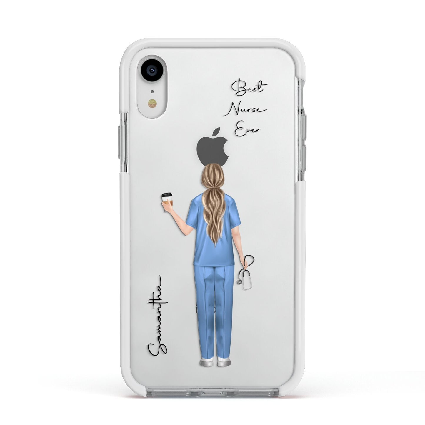 Personalised Nurse Apple iPhone XR Impact Case White Edge on Silver Phone