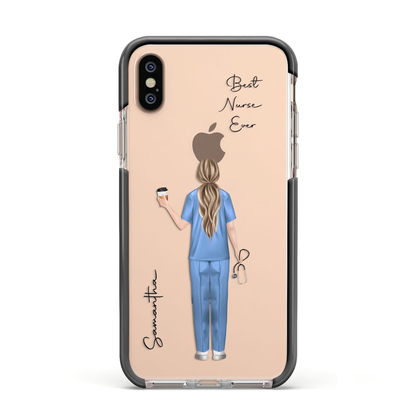 Personalised Nurse Apple iPhone Xs Impact Case Black Edge on Gold Phone