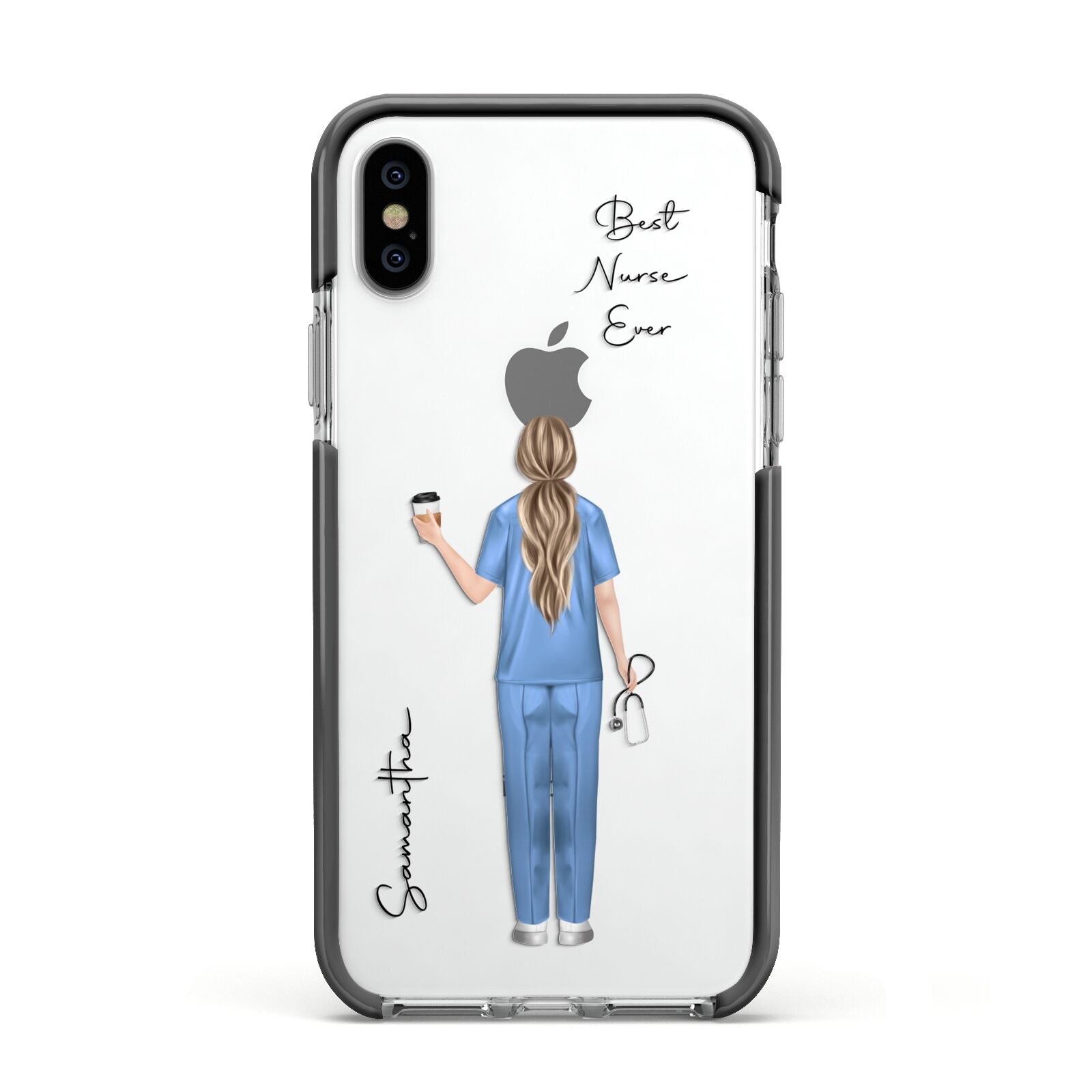 Personalised Nurse Apple iPhone Xs Impact Case Black Edge on Silver Phone