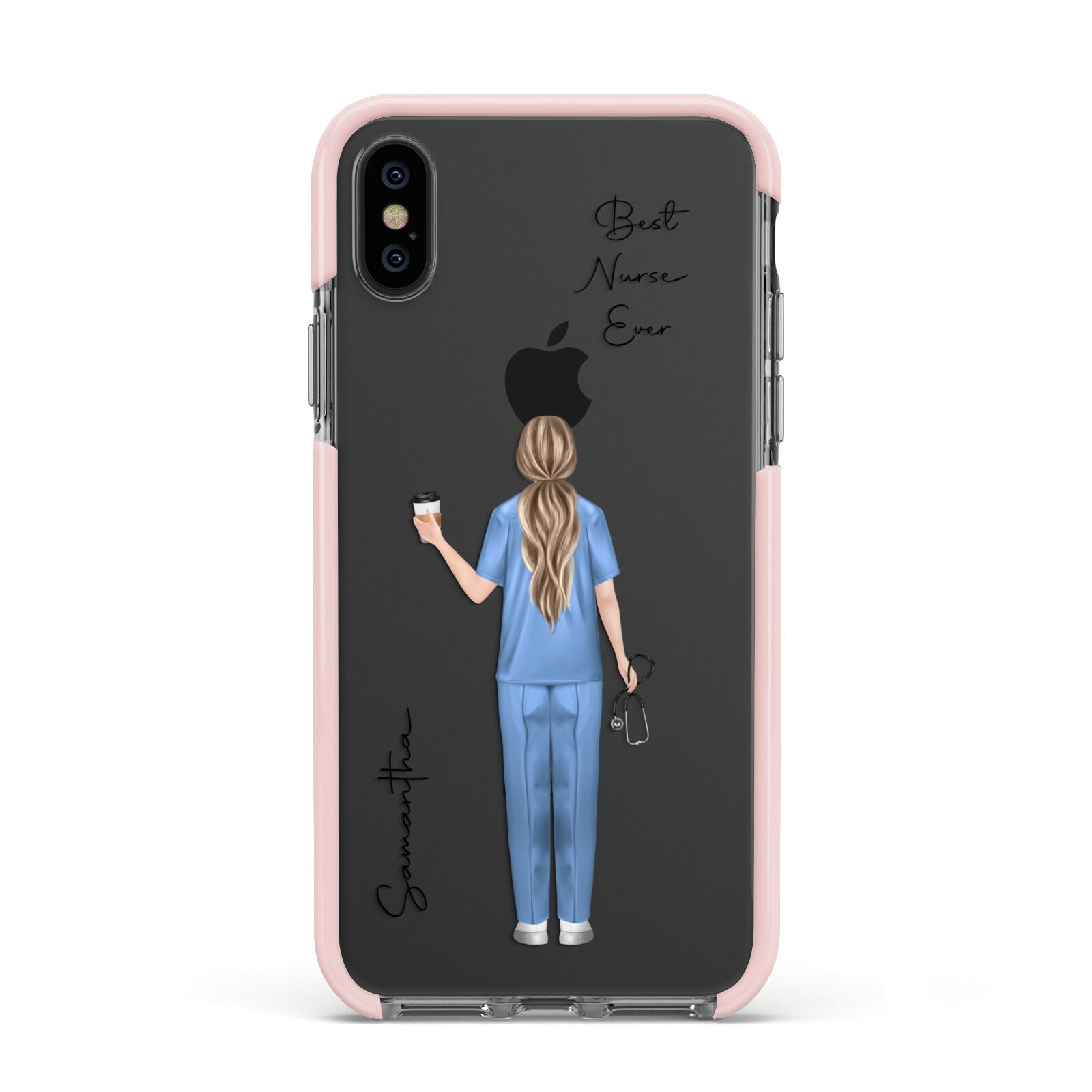 Personalised Nurse Apple iPhone Xs Impact Case Pink Edge on Black Phone