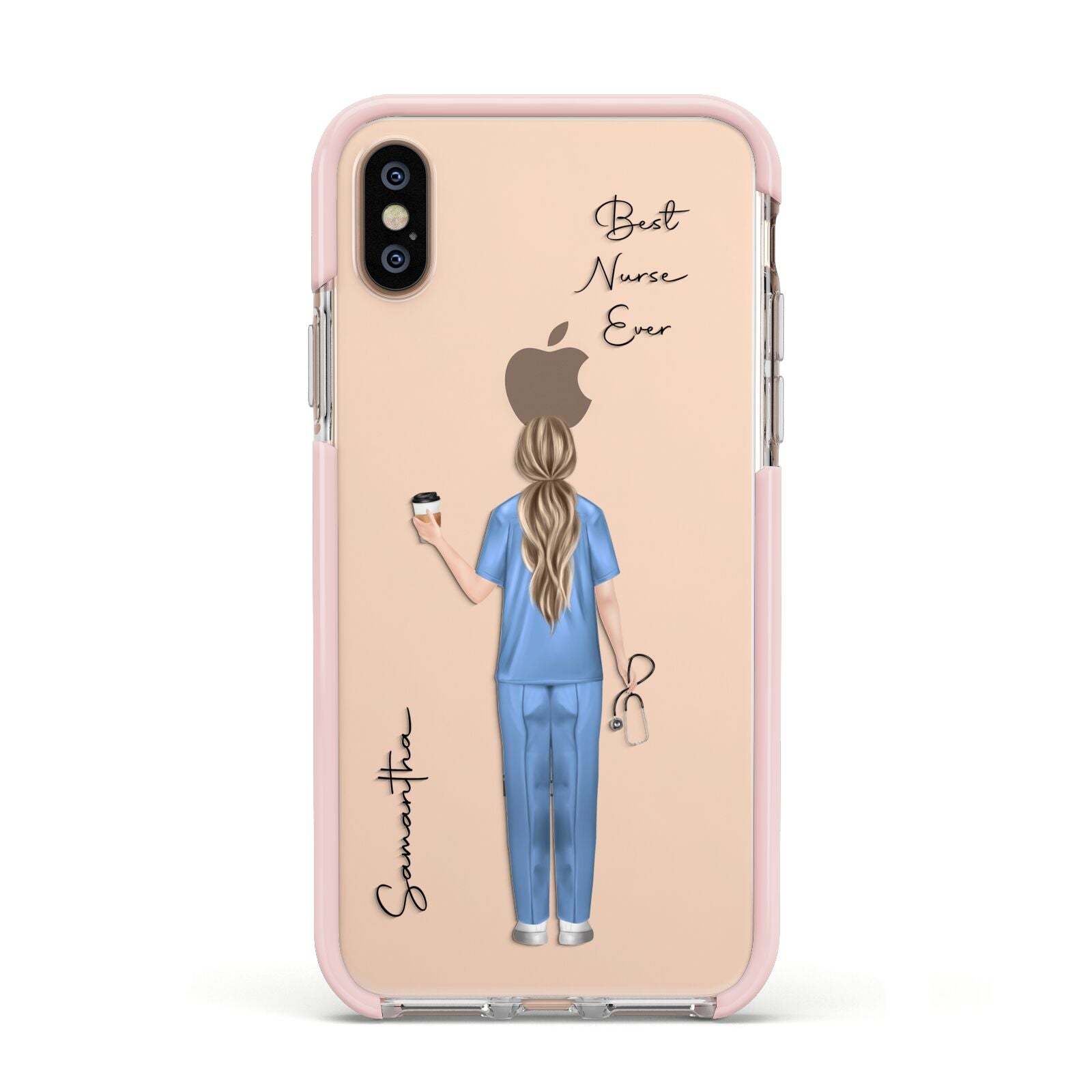 Personalised Nurse Apple iPhone Xs Impact Case Pink Edge on Gold Phone