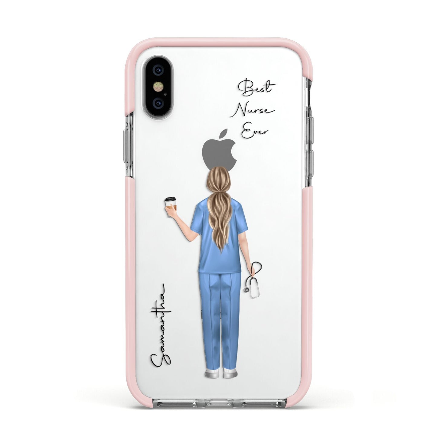 Personalised Nurse Apple iPhone Xs Impact Case Pink Edge on Silver Phone