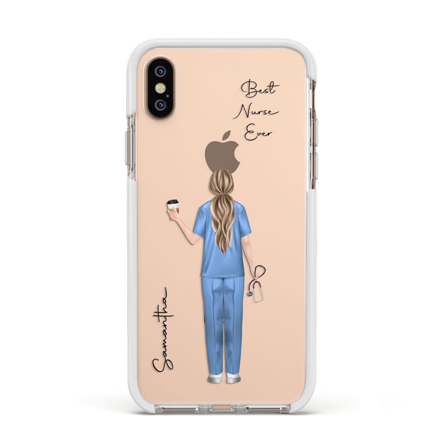 Personalised Nurse Apple iPhone Xs Impact Case White Edge on Gold Phone