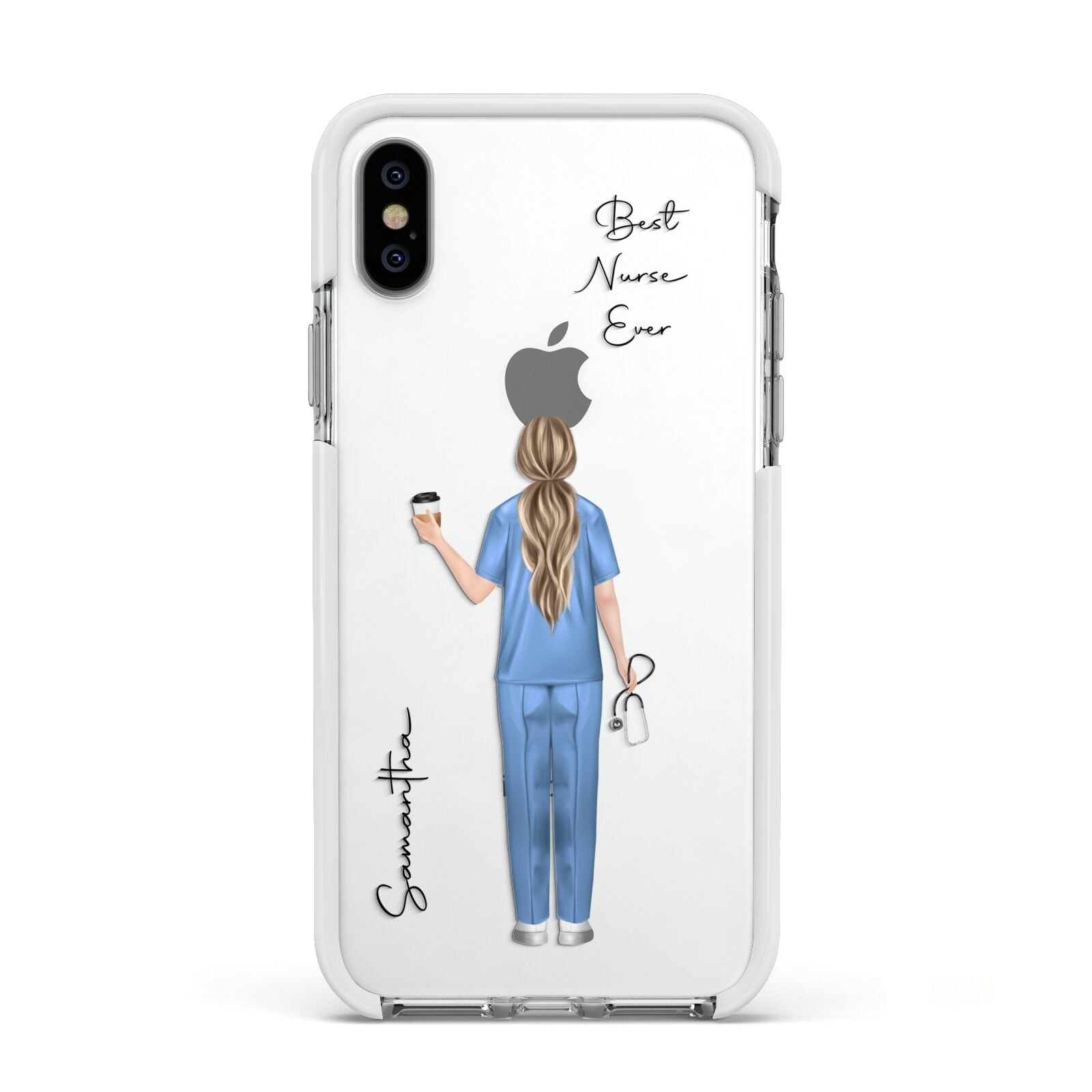 Personalised Nurse Apple iPhone Xs Impact Case White Edge on Silver Phone