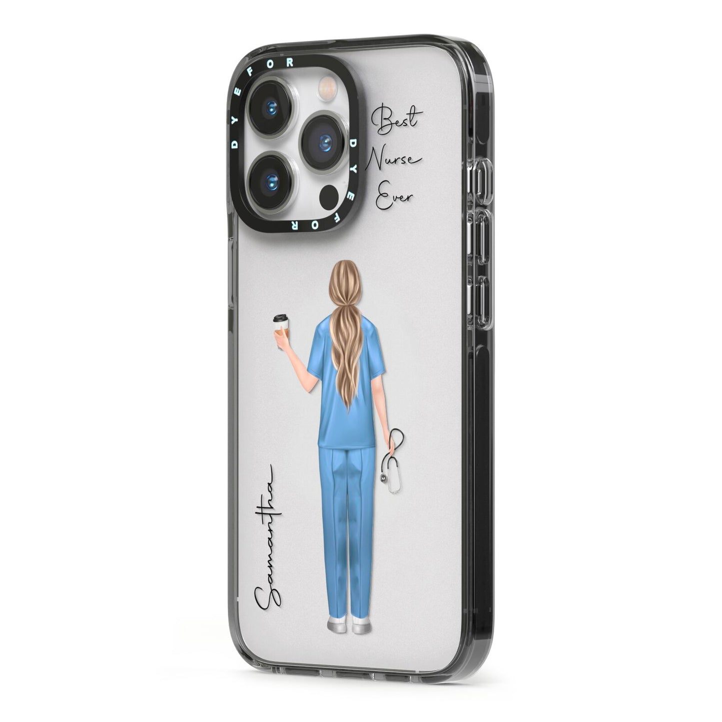 Personalised Nurse iPhone 13 Pro Black Impact Case Side Angle on Silver phone