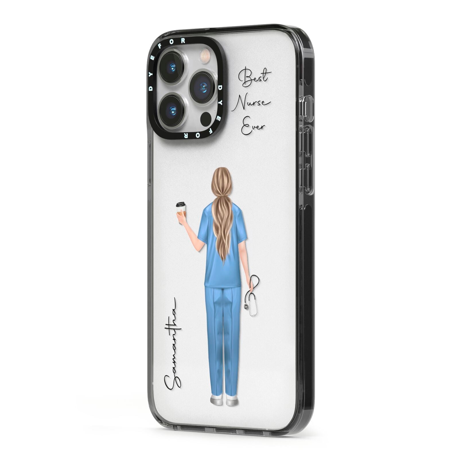 Personalised Nurse iPhone 13 Pro Max Black Impact Case Side Angle on Silver phone