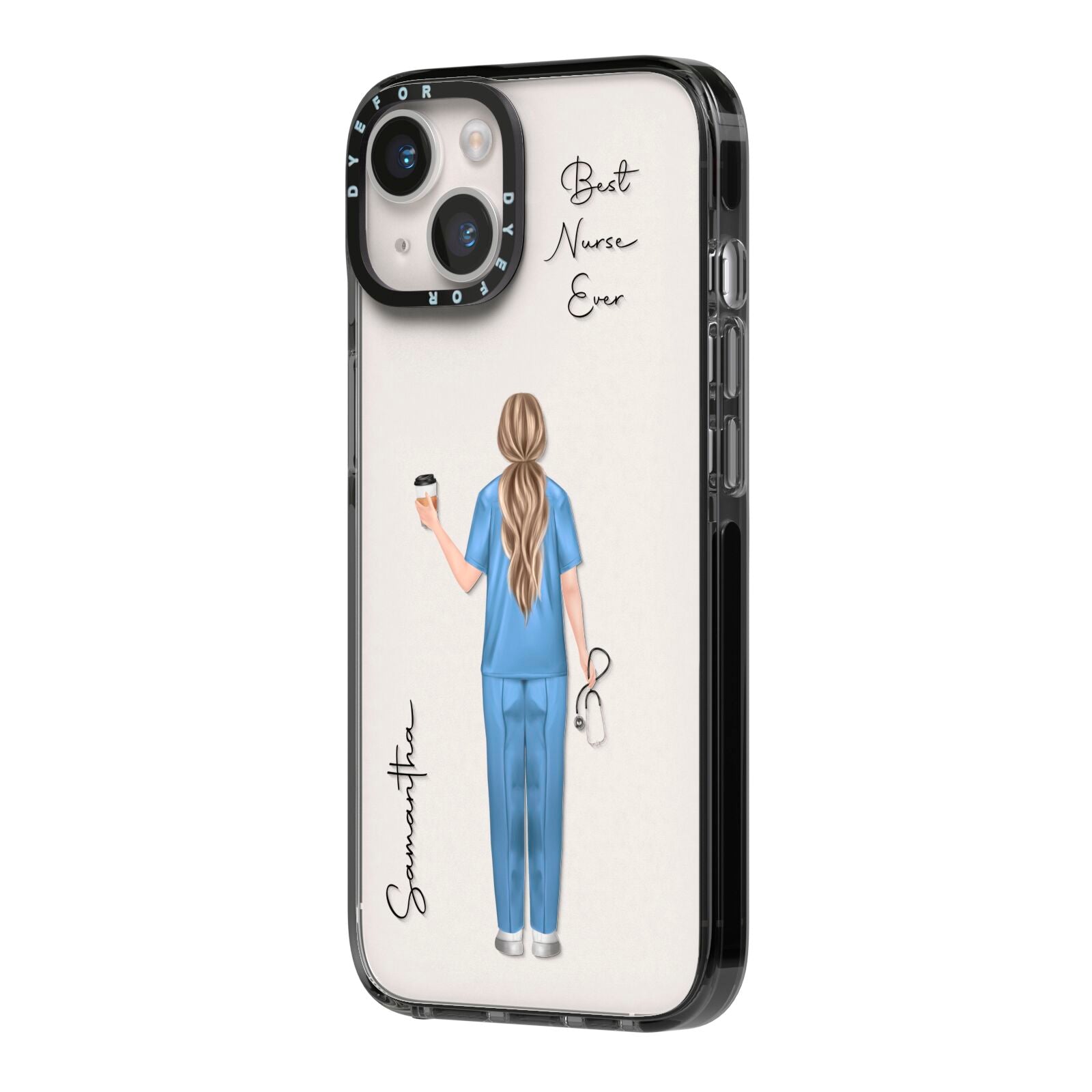 Personalised Nurse iPhone 14 Black Impact Case Side Angle on Silver phone