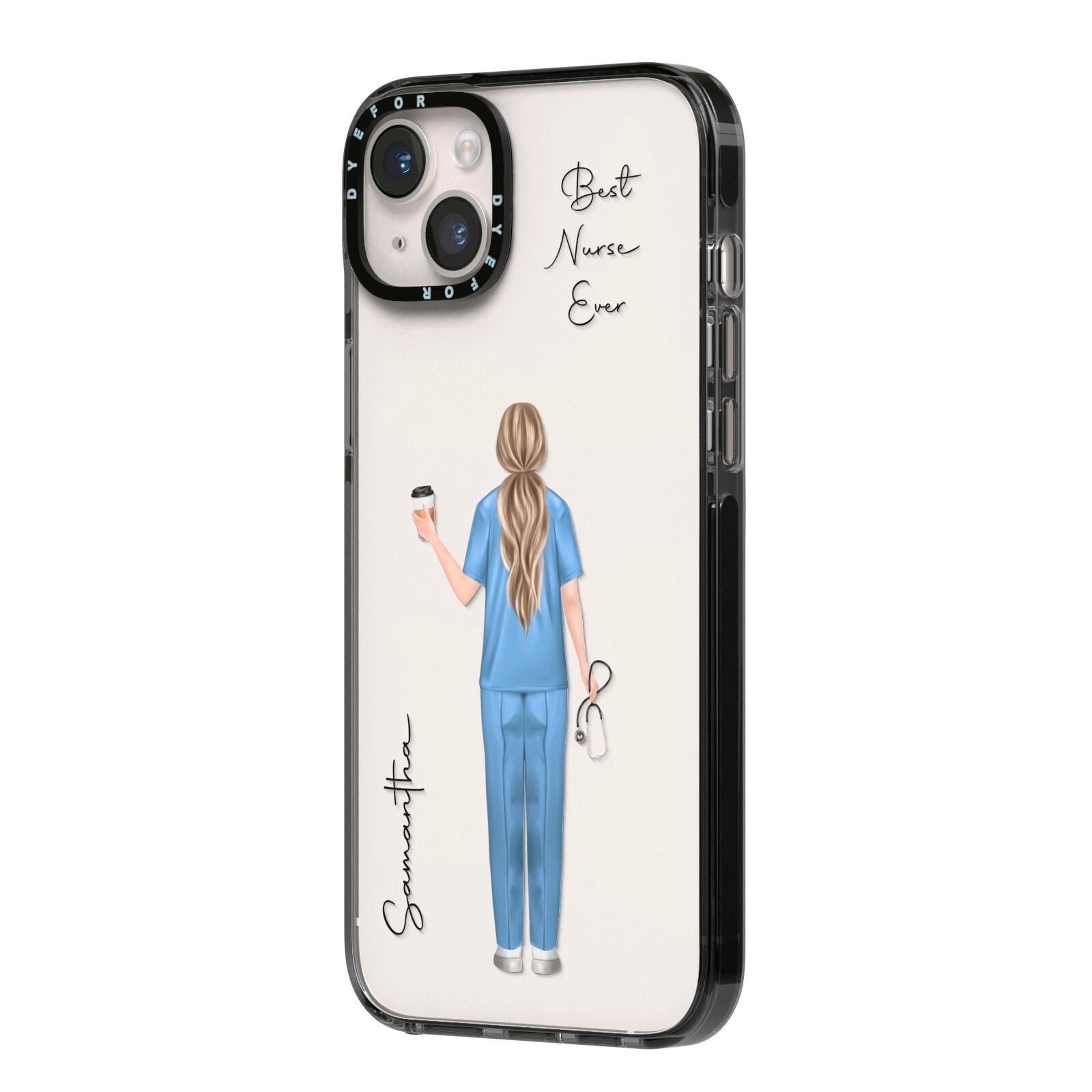 Personalised Nurse iPhone 14 Plus Black Impact Case Side Angle on Silver phone