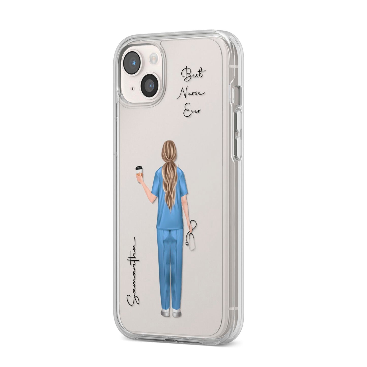 Personalised Nurse iPhone 14 Plus Clear Tough Case Starlight Angled Image