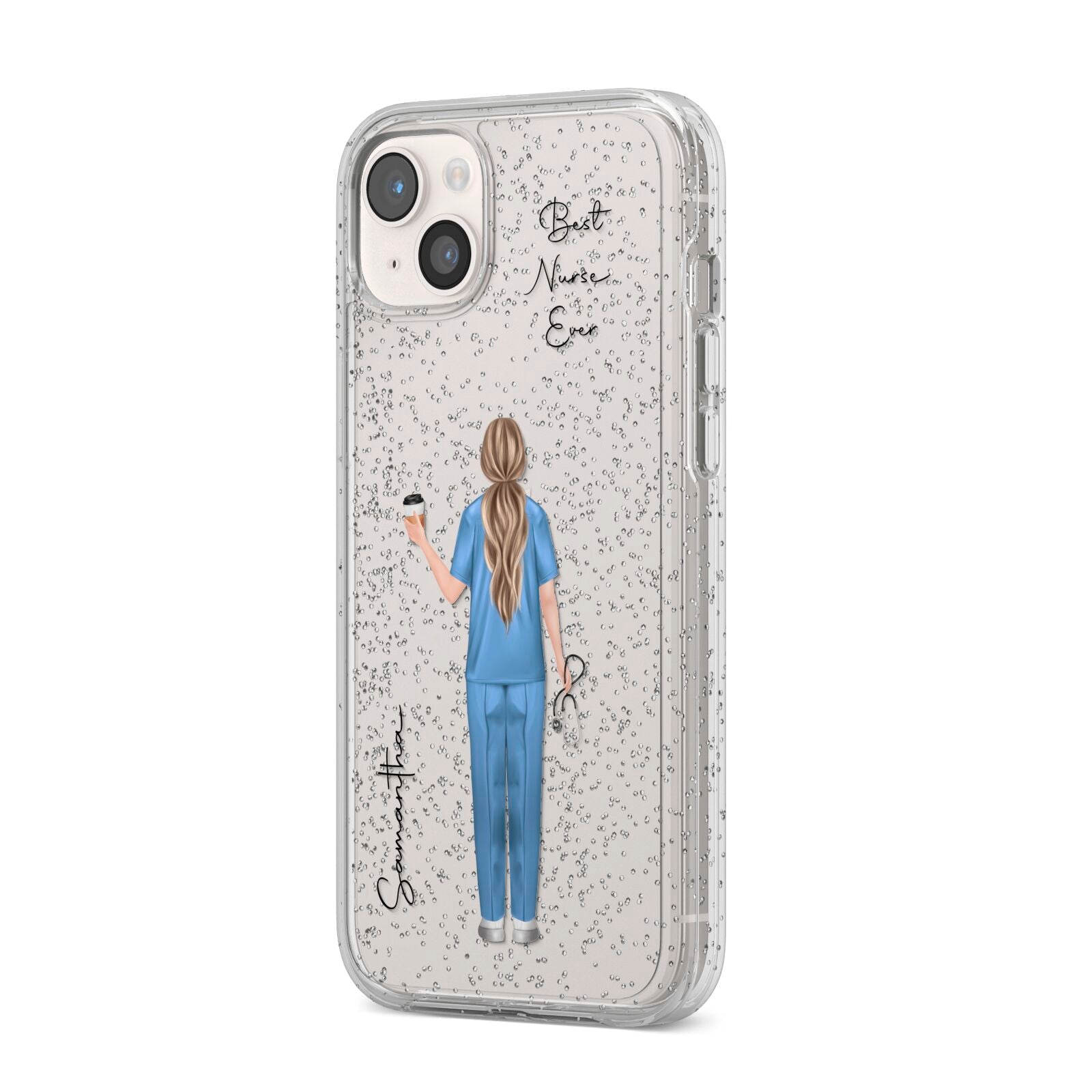 Personalised Nurse iPhone 14 Plus Glitter Tough Case Starlight Angled Image