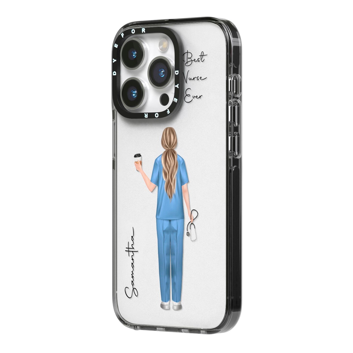 Personalised Nurse iPhone 14 Pro Black Impact Case Side Angle on Silver phone