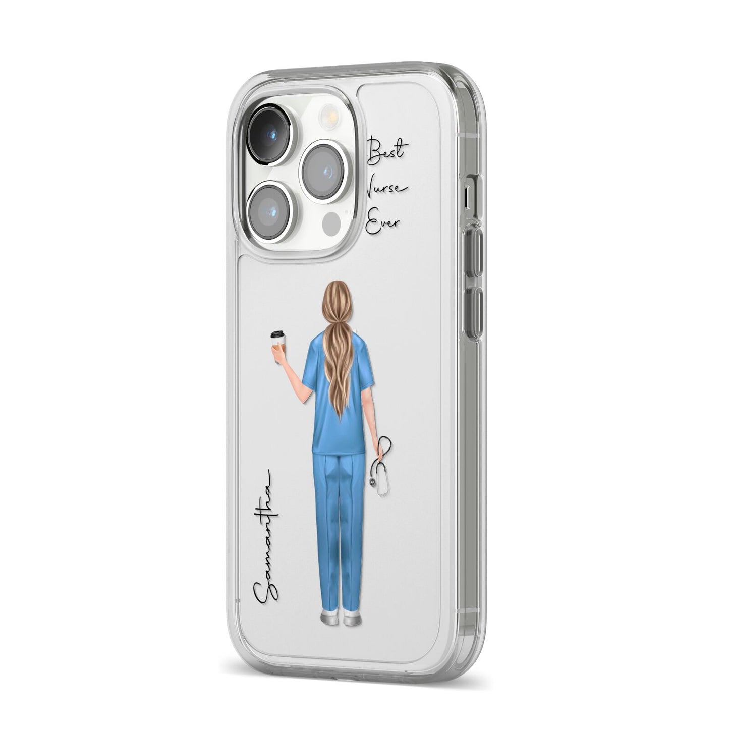 Personalised Nurse iPhone 14 Pro Clear Tough Case Silver Angled Image