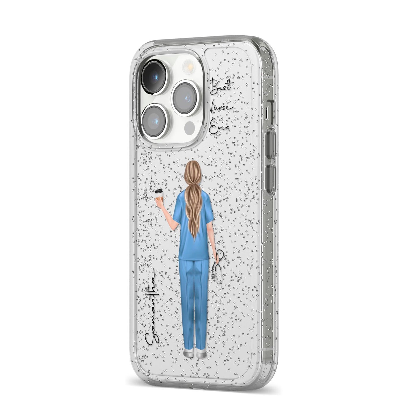 Personalised Nurse iPhone 14 Pro Glitter Tough Case Silver Angled Image