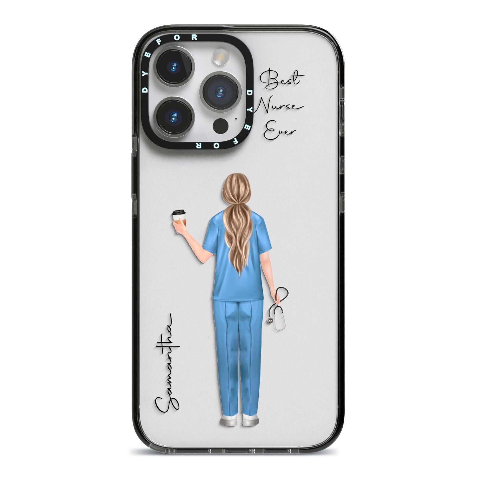 Personalised Nurse iPhone 14 Pro Max Black Impact Case on Silver phone