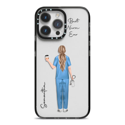 Personalised Nurse iPhone 14 Pro Max Black Impact Case on Silver phone