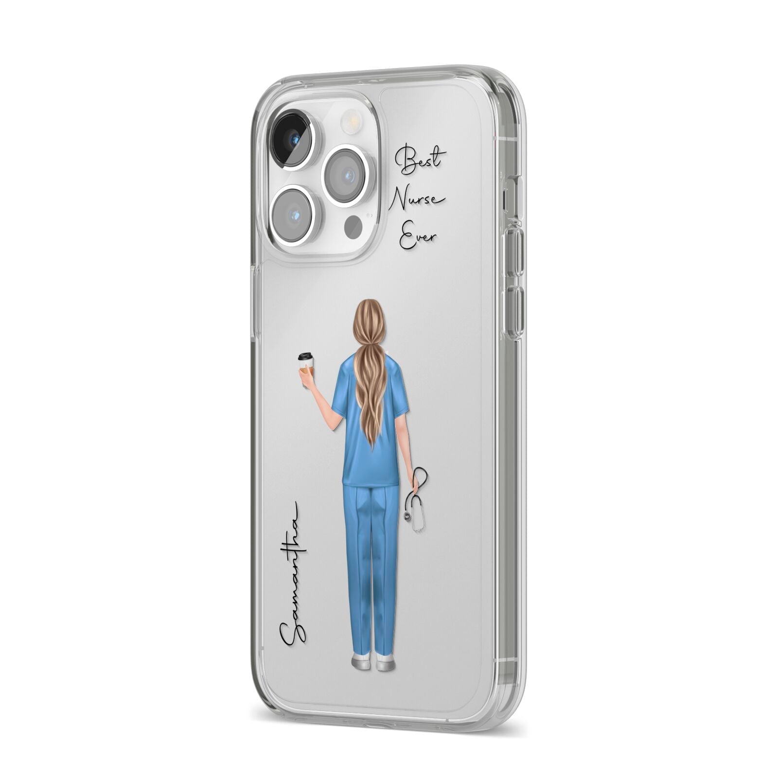 Personalised Nurse iPhone 14 Pro Max Clear Tough Case Silver Angled Image