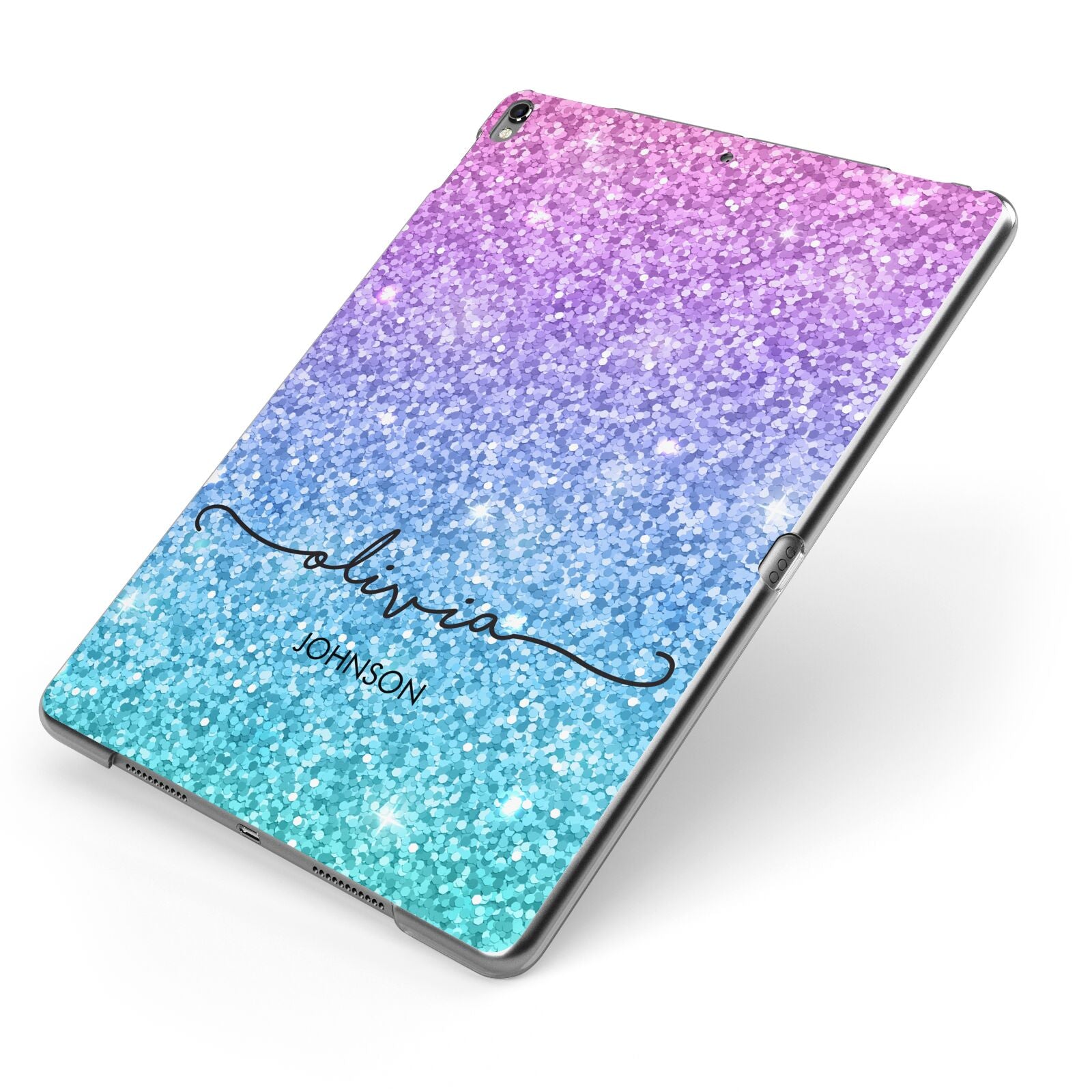 Personalised Ombre Glitter with Names Apple iPad Case on Grey iPad Side View