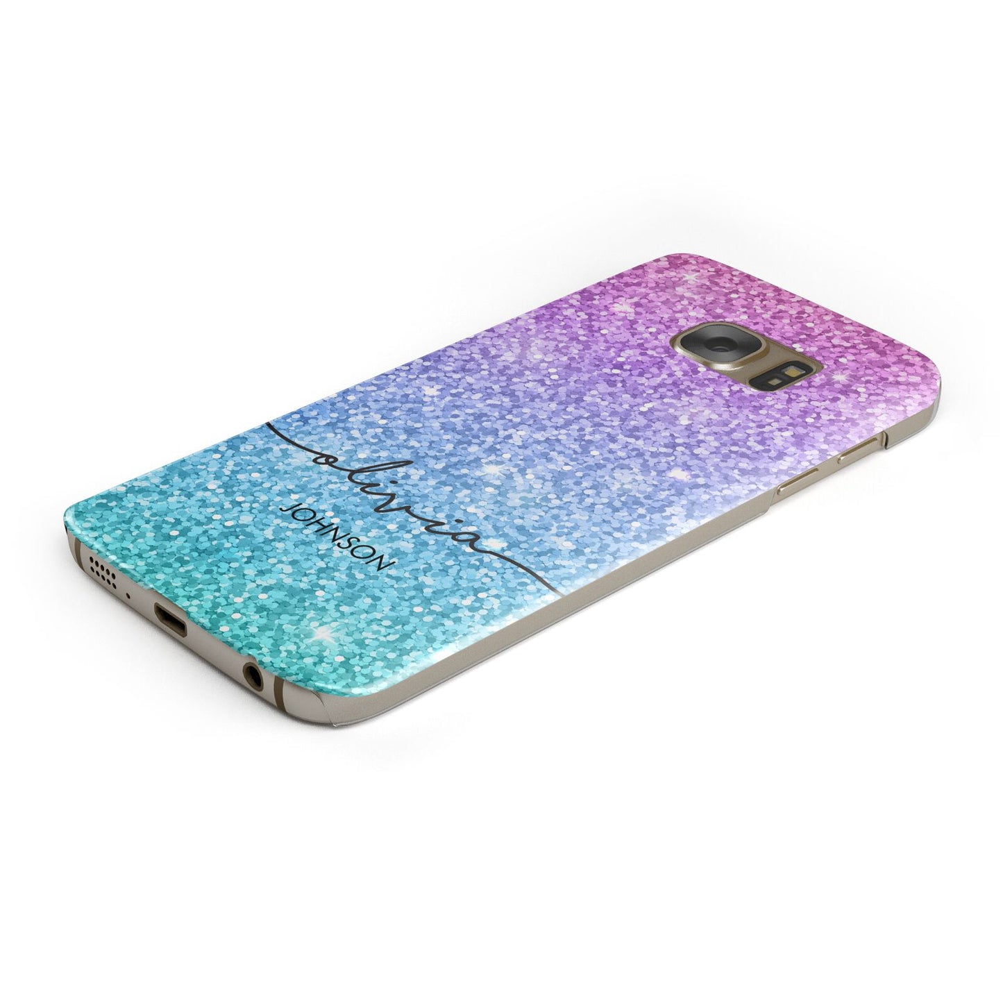 Personalised Ombre Glitter with Names Protective Samsung Galaxy Case Angled Image