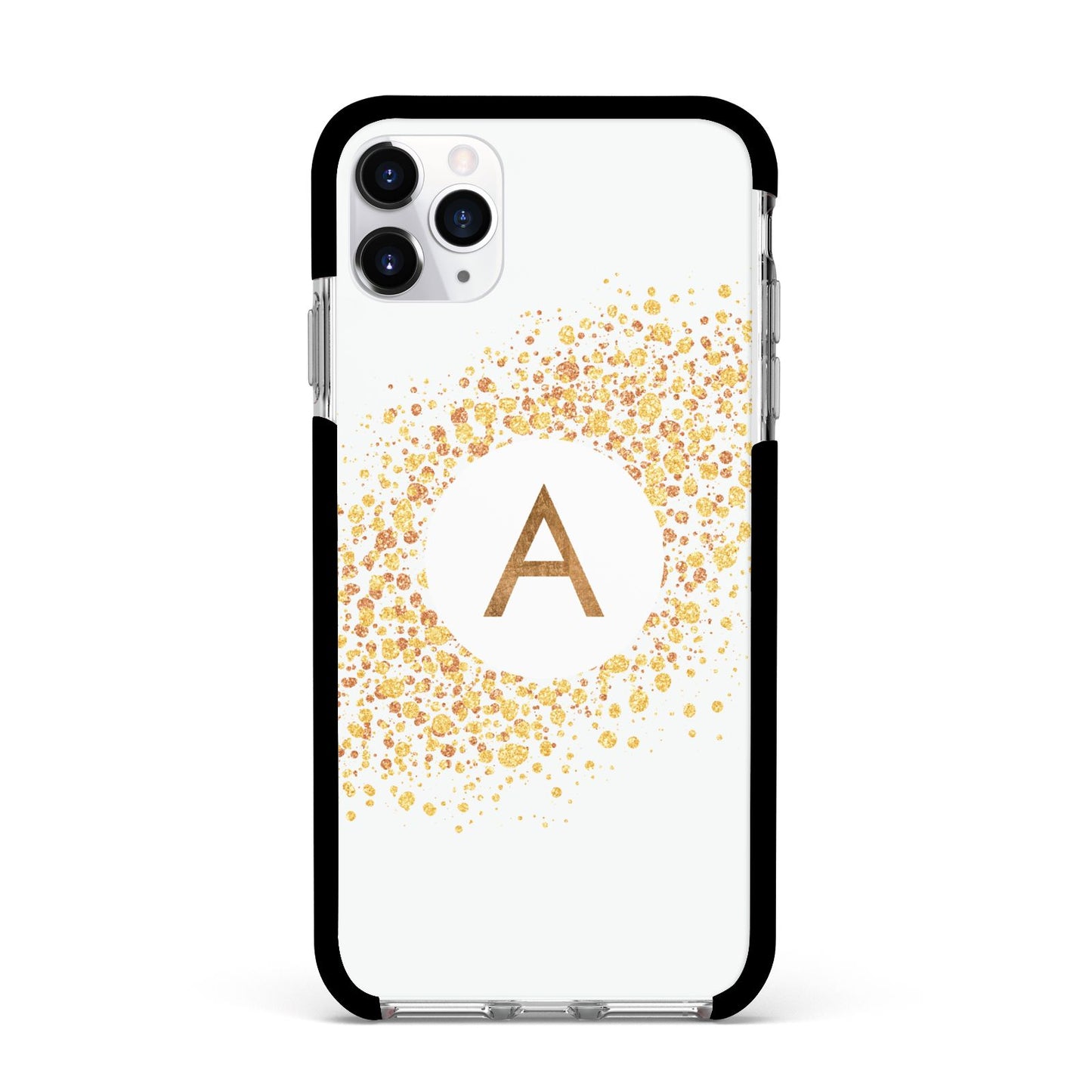 Personalised One Initial Gold Flakes Apple iPhone 11 Pro Max in Silver with Black Impact Case