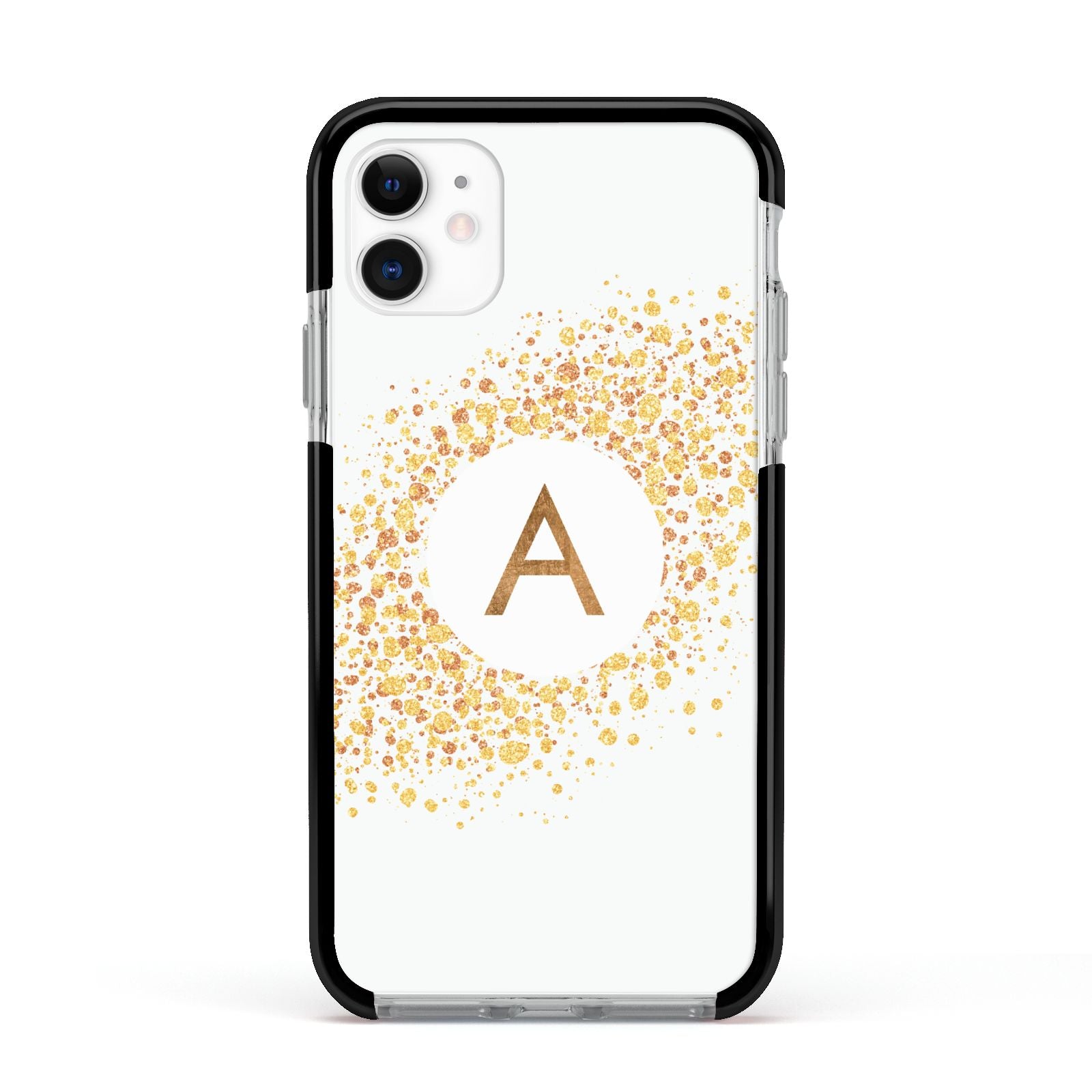 Personalised One Initial Gold Flakes Apple iPhone 11 in White with Black Impact Case