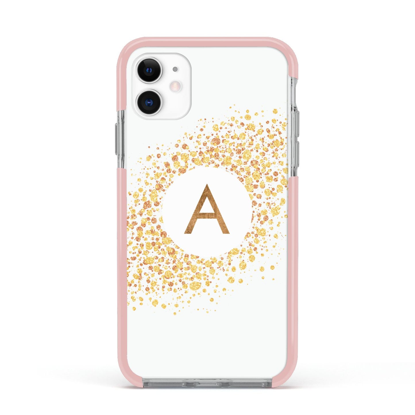 Personalised One Initial Gold Flakes Apple iPhone 11 in White with Pink Impact Case