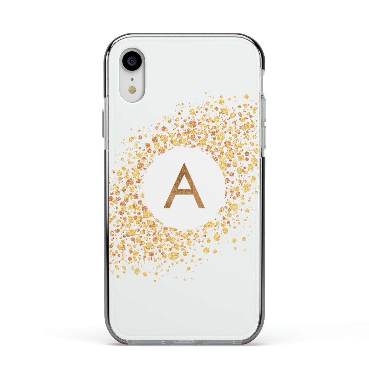 Personalised One Initial Gold Flakes Apple iPhone XR Impact Case Black Edge on Silver Phone