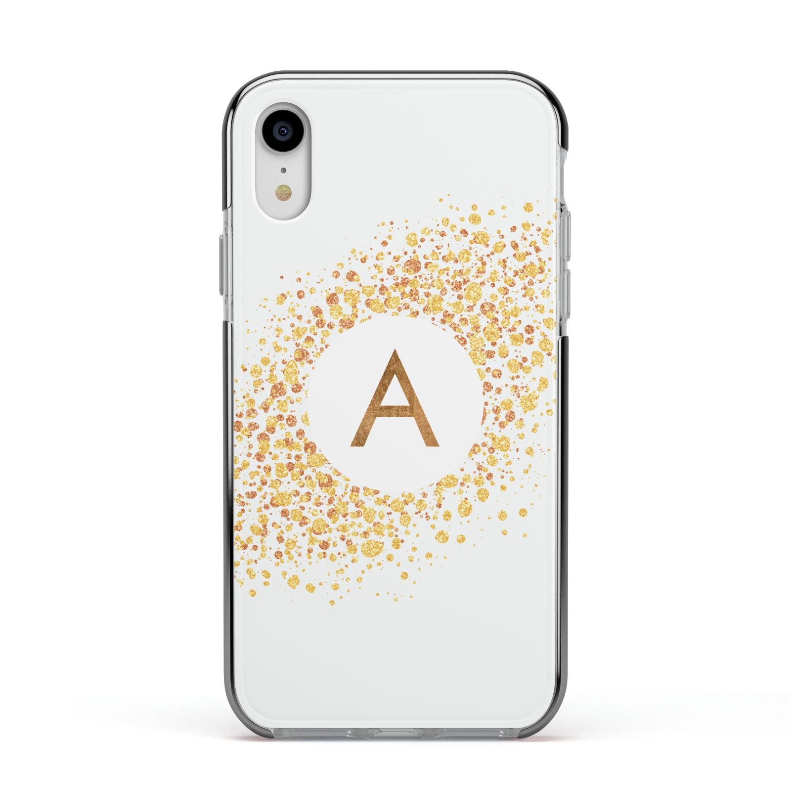 Personalised One Initial Gold Flakes Apple iPhone XR Impact Case Black Edge on Silver Phone