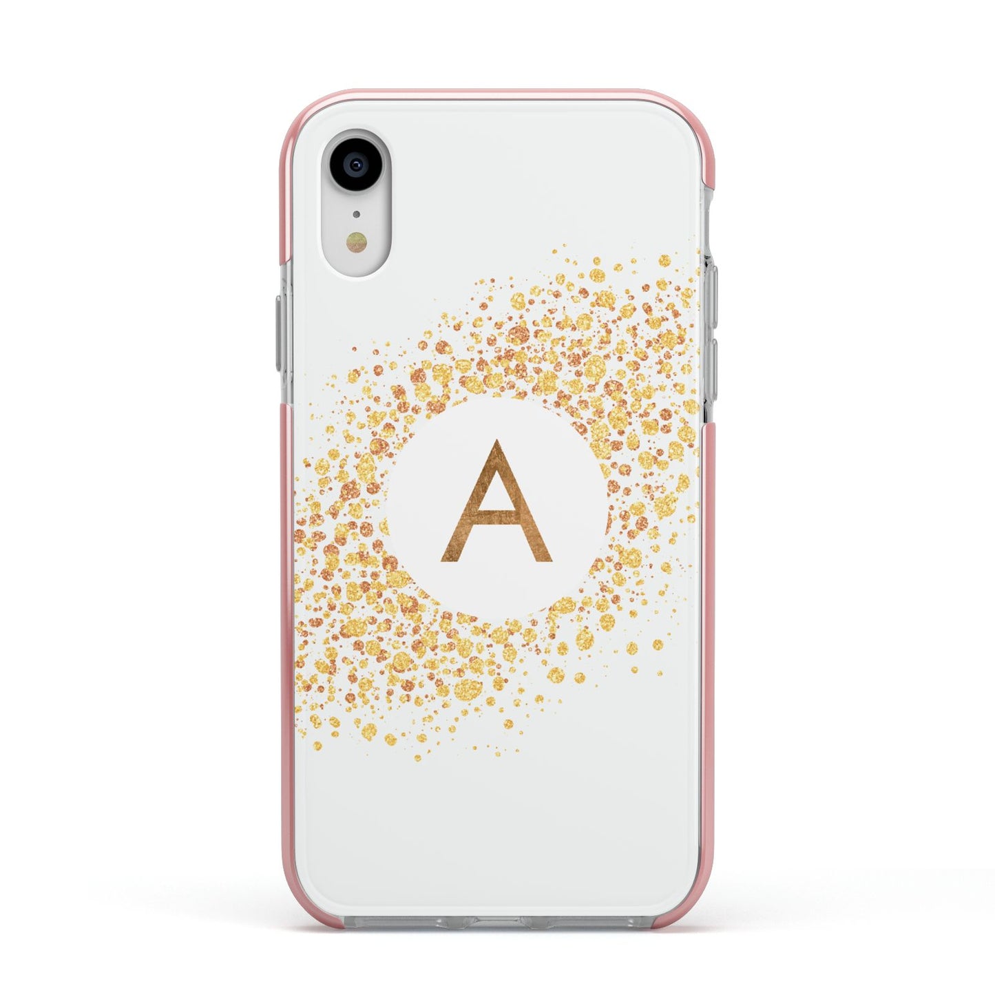 Personalised One Initial Gold Flakes Apple iPhone XR Impact Case Pink Edge on Silver Phone