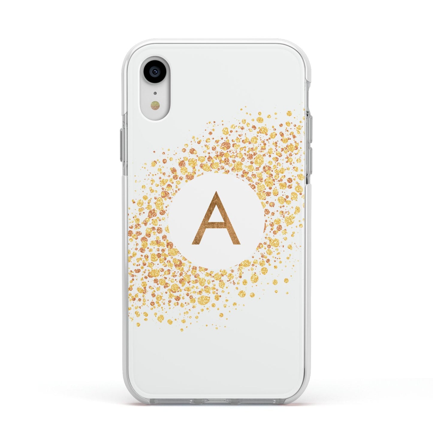 Personalised One Initial Gold Flakes Apple iPhone XR Impact Case White Edge on Silver Phone