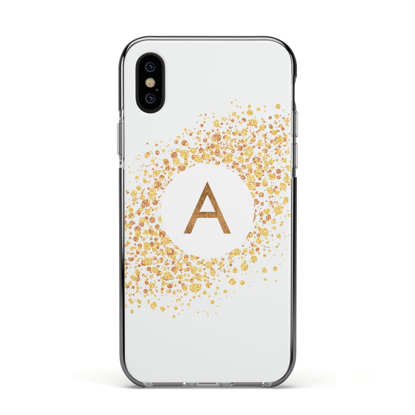 Personalised One Initial Gold Flakes Apple iPhone Xs Impact Case Black Edge on Black Phone