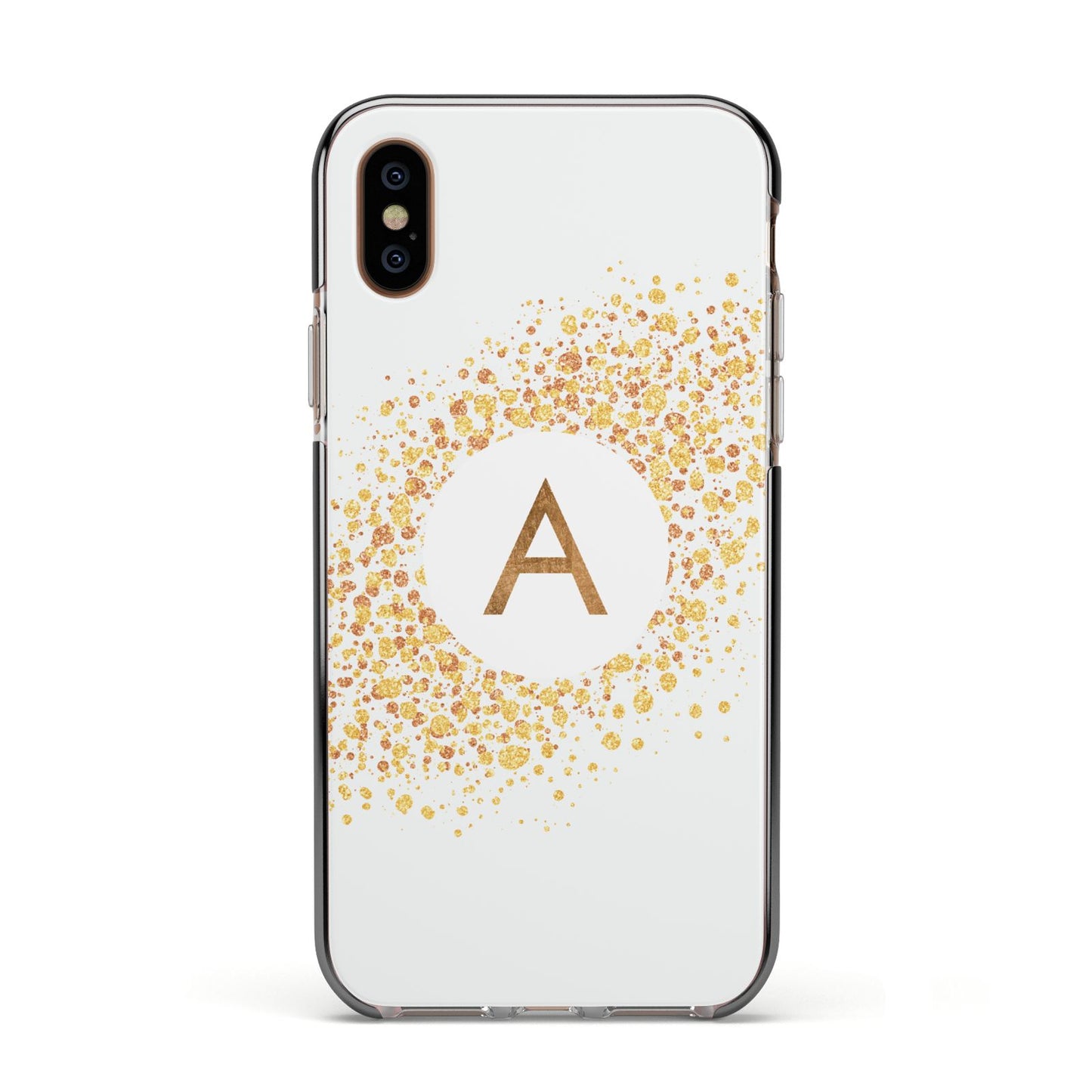 Personalised One Initial Gold Flakes Apple iPhone Xs Impact Case Black Edge on Gold Phone