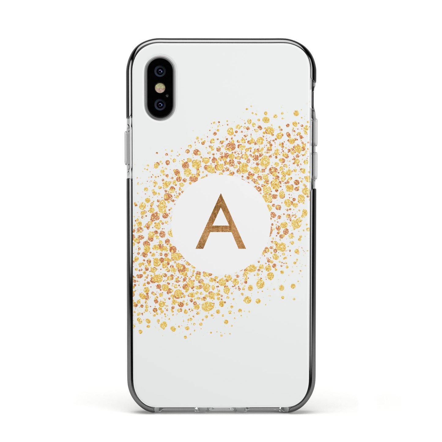 Personalised One Initial Gold Flakes Apple iPhone Xs Impact Case Black Edge on Silver Phone