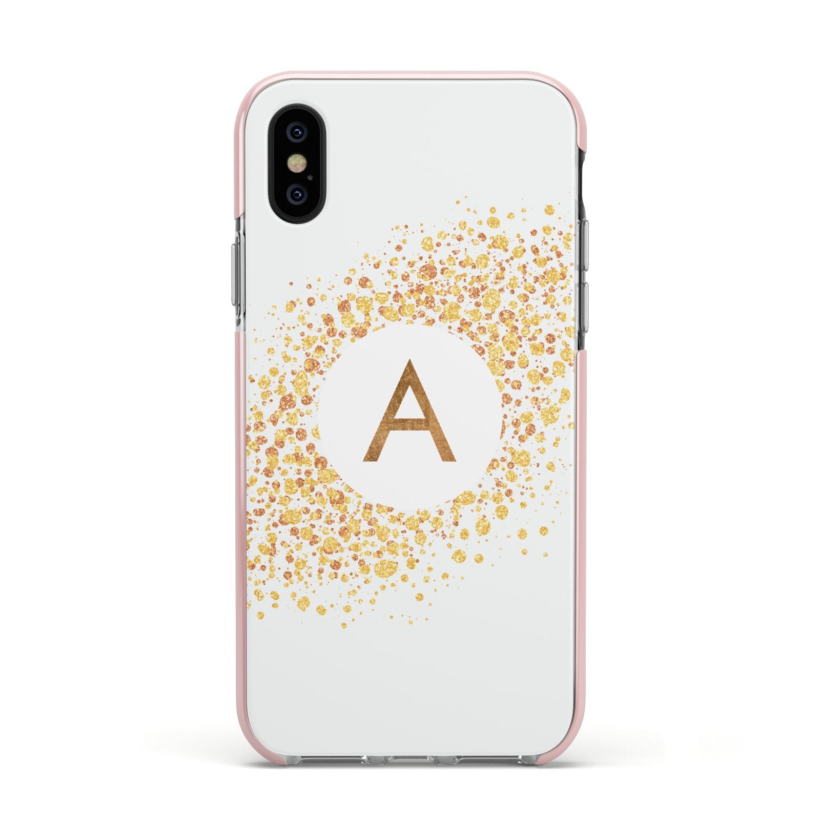 Personalised One Initial Gold Flakes Apple iPhone Xs Impact Case Pink Edge on Black Phone