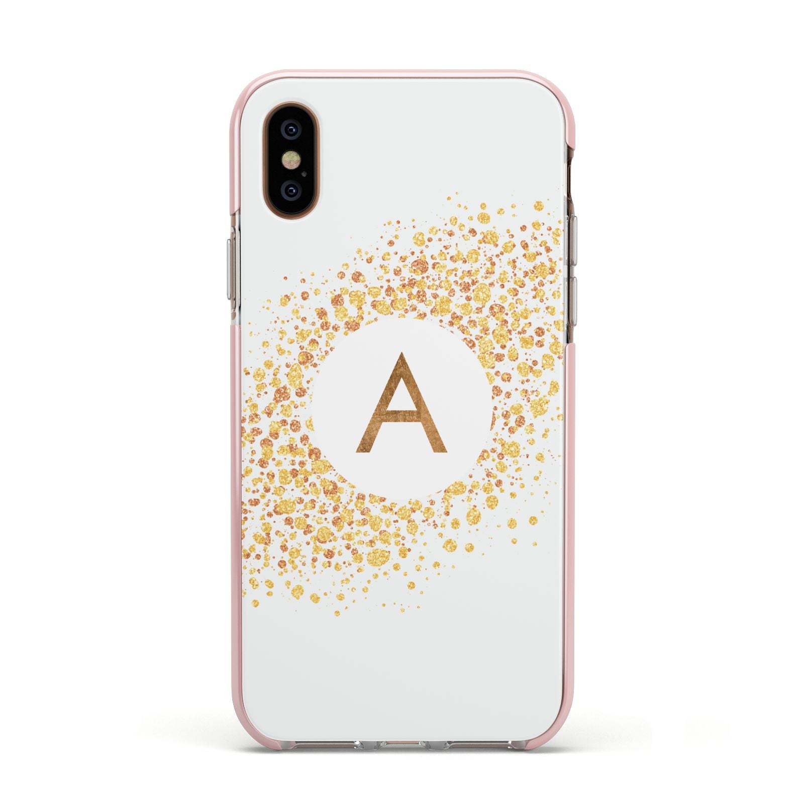 Personalised One Initial Gold Flakes Apple iPhone Xs Impact Case Pink Edge on Gold Phone