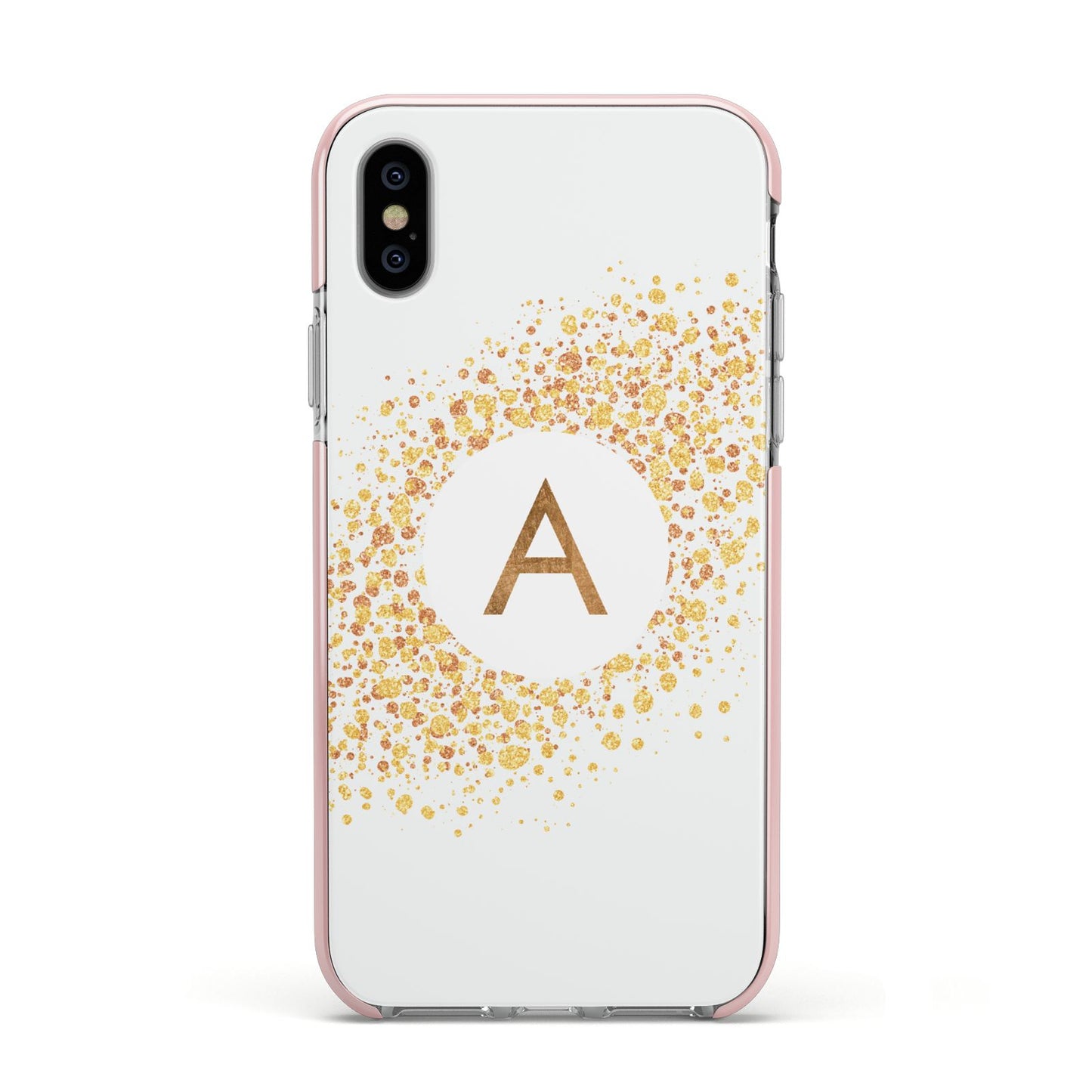 Personalised One Initial Gold Flakes Apple iPhone Xs Impact Case Pink Edge on Silver Phone