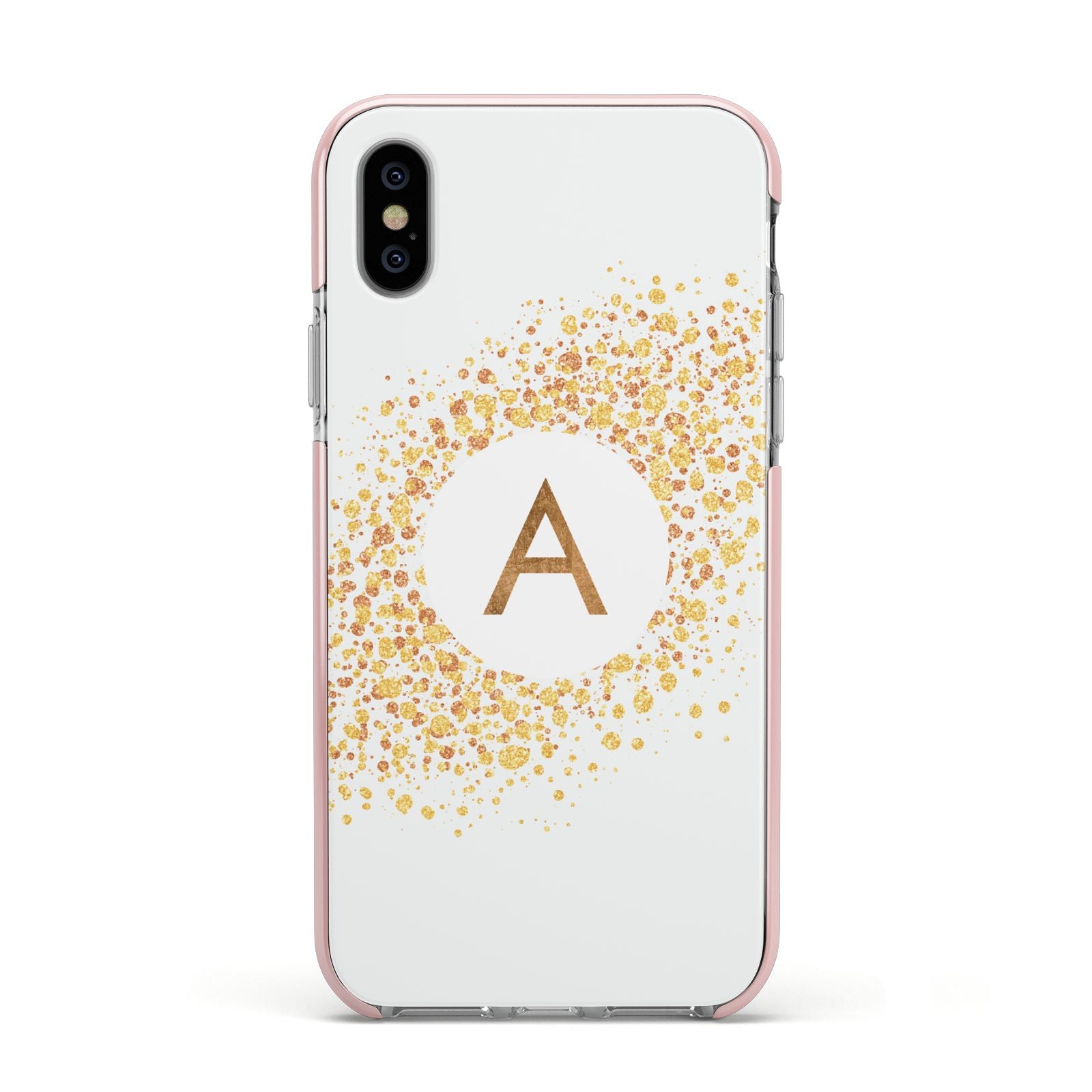 Personalised One Initial Gold Flakes Apple iPhone Xs Impact Case Pink Edge on Silver Phone