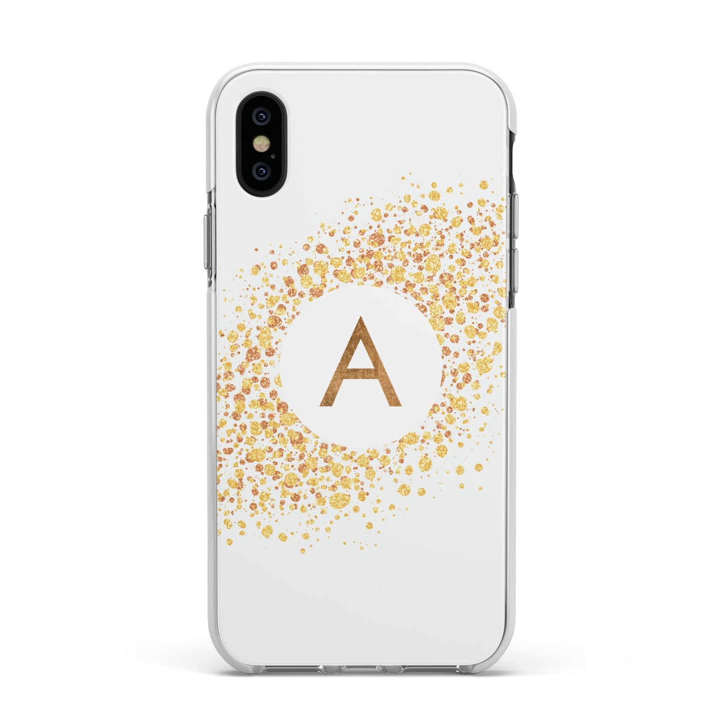 Personalised One Initial Gold Flakes Apple iPhone Xs Impact Case White Edge on Black Phone