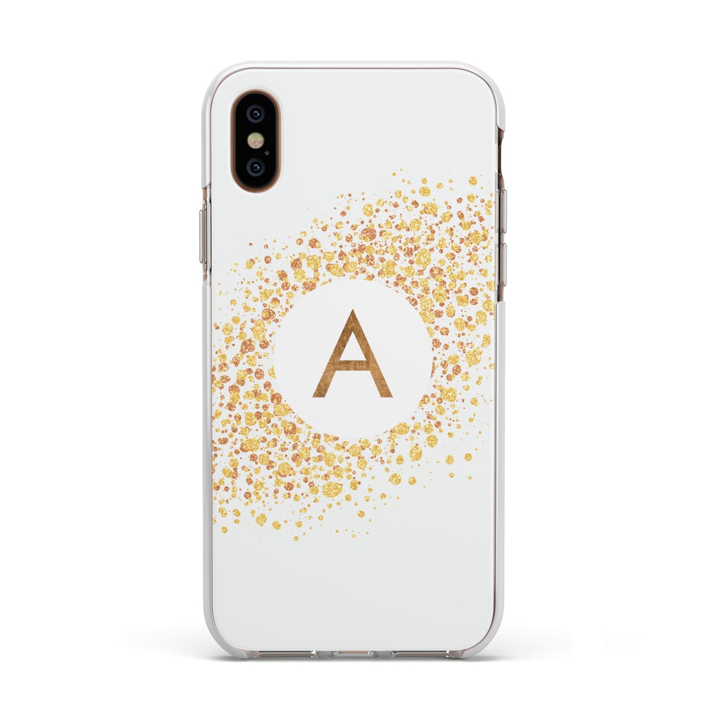 Personalised One Initial Gold Flakes Apple iPhone Xs Impact Case White Edge on Gold Phone