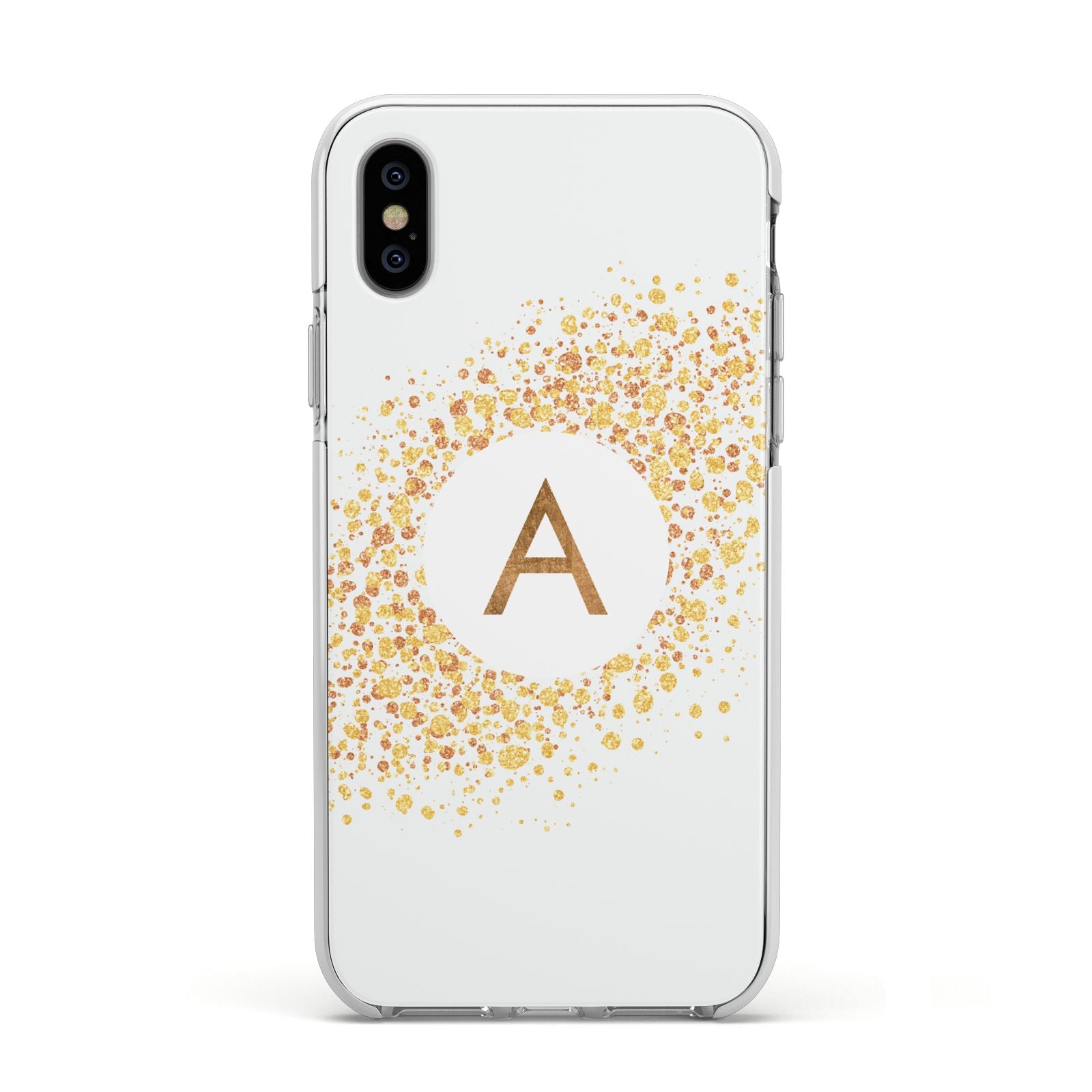 Personalised One Initial Gold Flakes Apple iPhone Xs Impact Case White Edge on Silver Phone