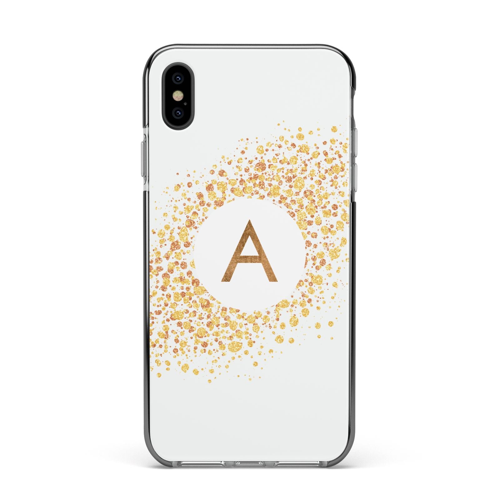 Personalised One Initial Gold Flakes Apple iPhone Xs Max Impact Case Black Edge on Black Phone