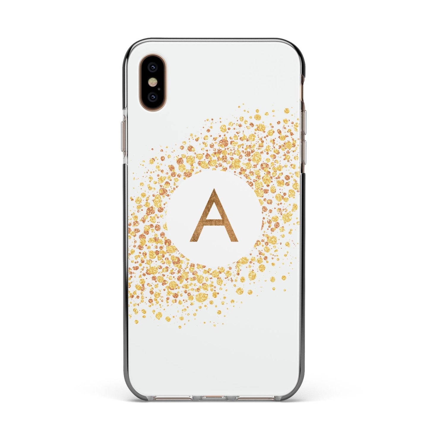 Personalised One Initial Gold Flakes Apple iPhone Xs Max Impact Case Black Edge on Gold Phone