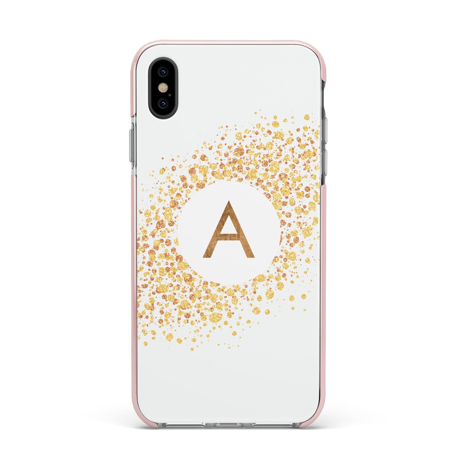 Personalised One Initial Gold Flakes Apple iPhone Xs Max Impact Case Pink Edge on Black Phone