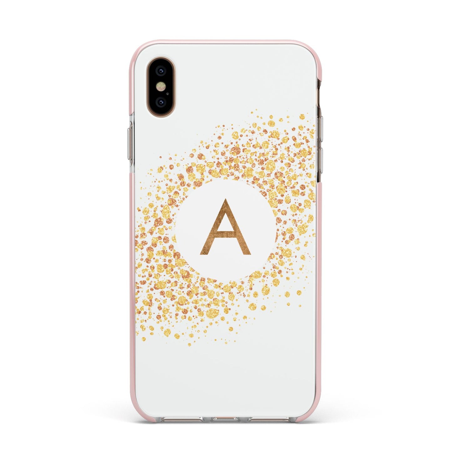 Personalised One Initial Gold Flakes Apple iPhone Xs Max Impact Case Pink Edge on Gold Phone