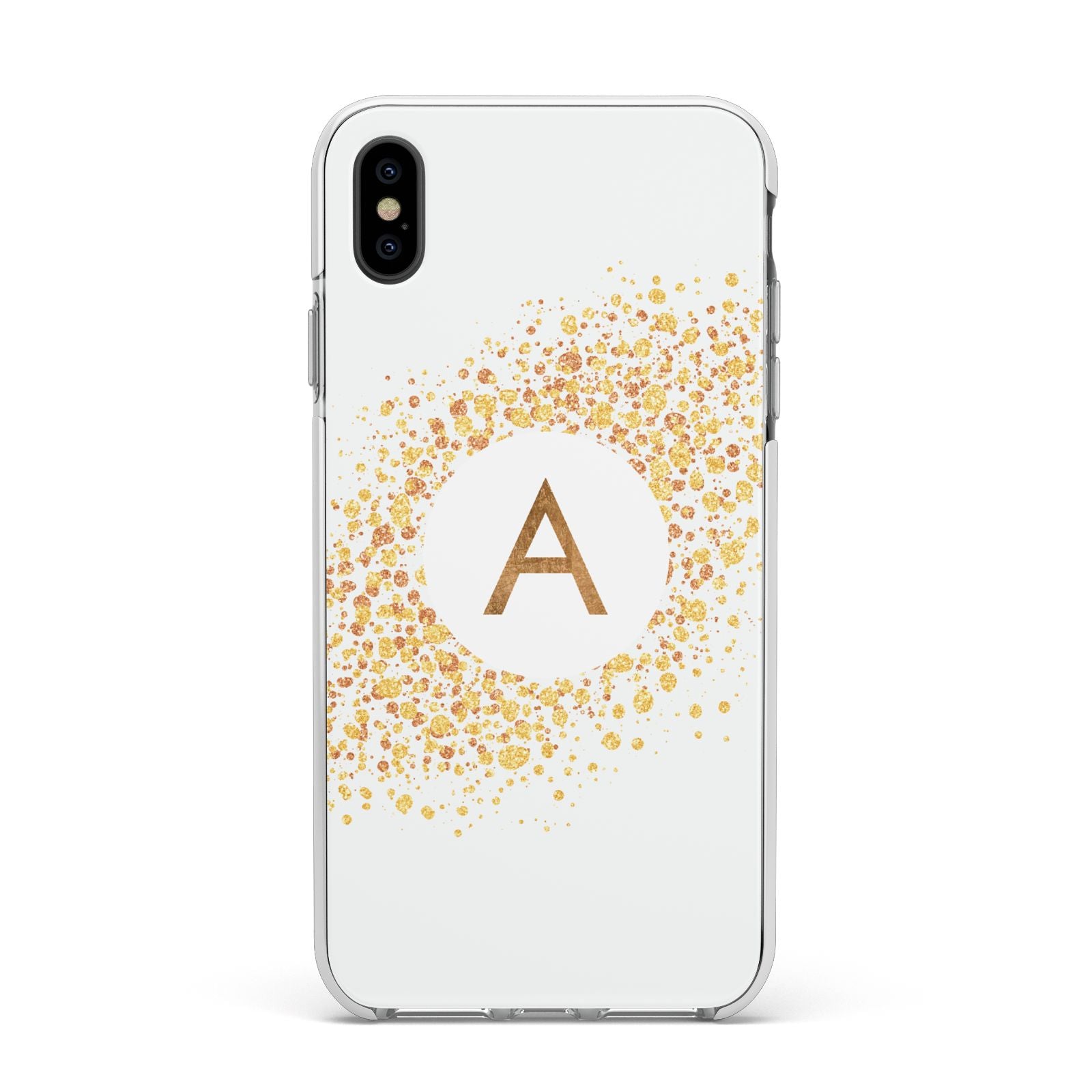 Personalised One Initial Gold Flakes Apple iPhone Xs Max Impact Case White Edge on Black Phone